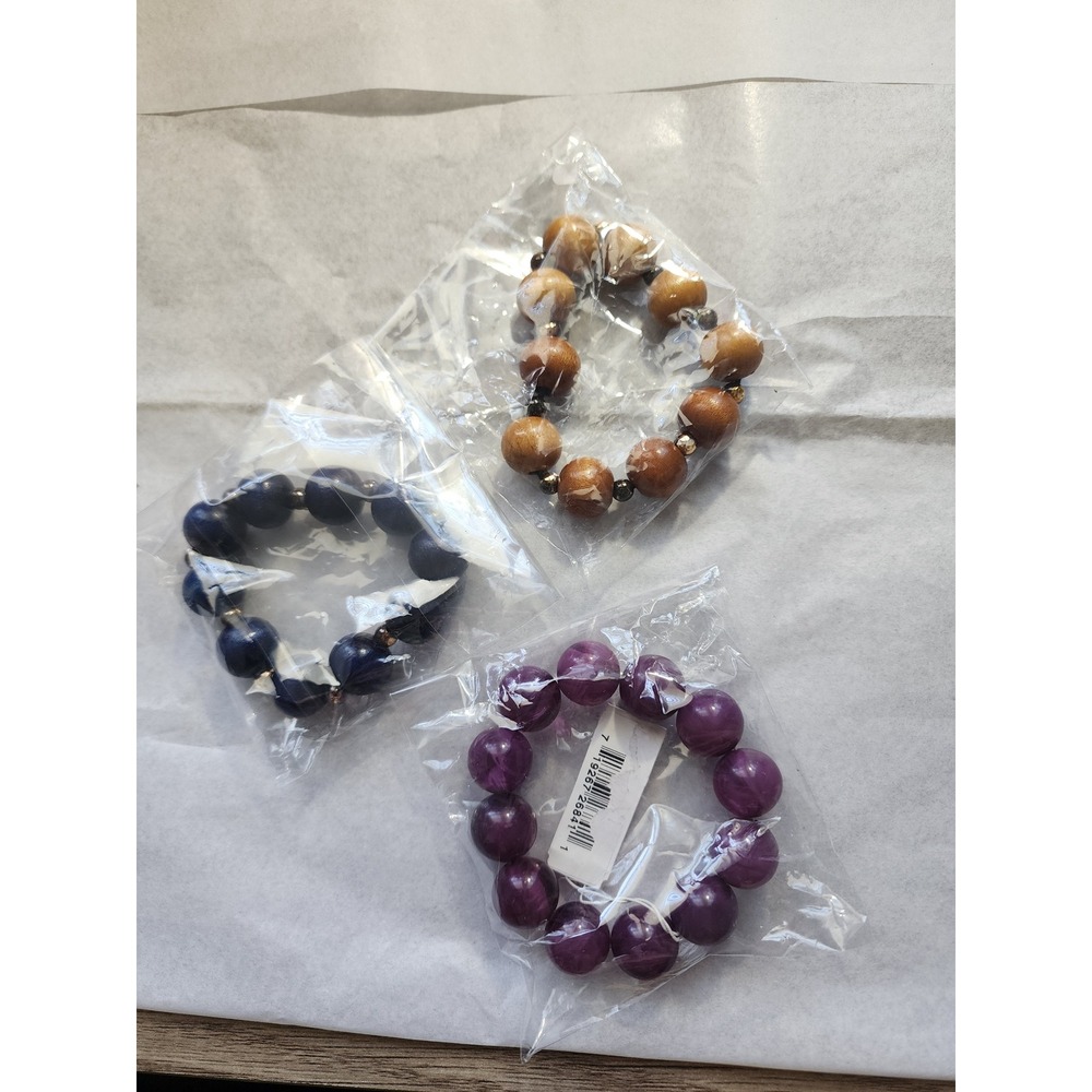 Set of 3 Stretch Bead Bracelets Purple Resin Natural Wood Navy Blue Boho Style